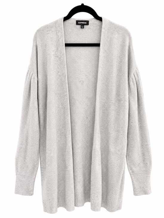 Express Sweaters - Express Open-Front Light Gray Cardigan with Puff Sleeves